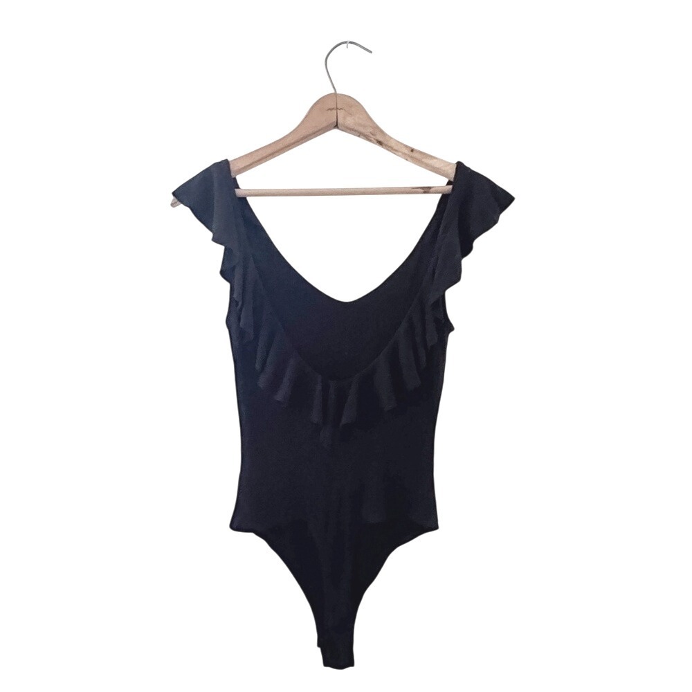 By Together Ruffle Bodysuit Black Ribbed Knit M - Picture 2 of 7